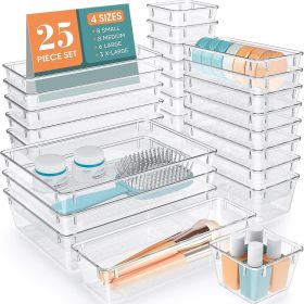 25 PCS Clear Plastic Drawer Organizer Set, 4 Sizes Desk Drawer Divider Organizers and Storage Bins for Makeup, Jewelry, Gadgets for Kitchen, Bedr