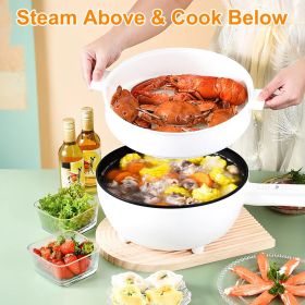 Electric Hot Pot Non-Stick Frying Pan Portable Rapid Noodles Cooker with Long Handle Steamer Spatula Dual Power Control Overheat Dry-Boil Protect